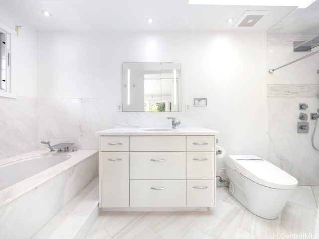 full bathroom featuring tile walls, vanity, shower with separate bathtub, and toilet