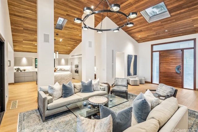 living room with high vaulted ceiling, wooden ceiling, and a skylight