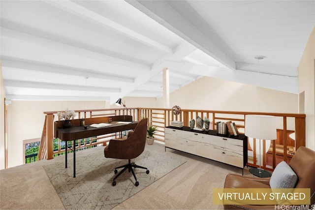 carpeted office space with lofted ceiling with beams