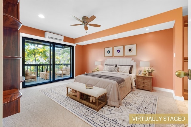 bedroom with ceiling fan, access to exterior, light carpet, and an AC wall unit