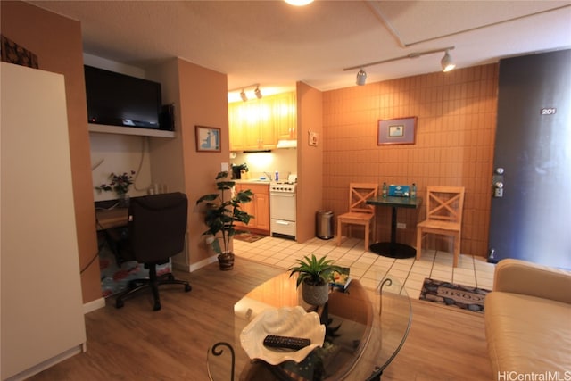 interior space featuring rail lighting and light hardwood / wood-style floors