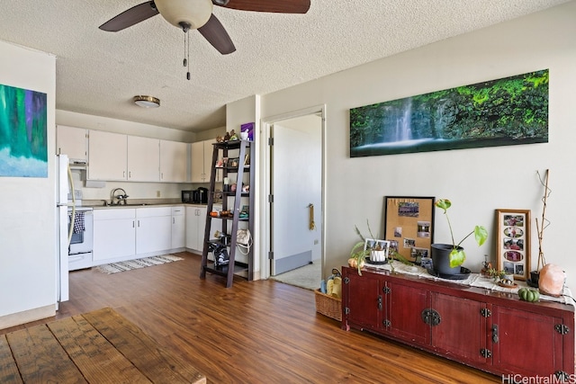 kitchen with a textured ceiling, sink, wood-type flooring, and white range oven