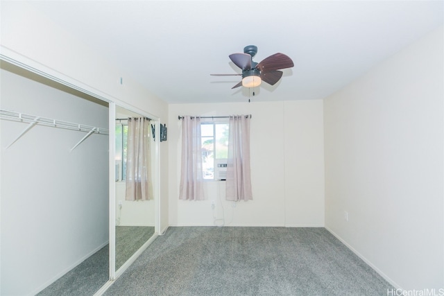 unfurnished bedroom featuring carpet flooring, a closet, and ceiling fan