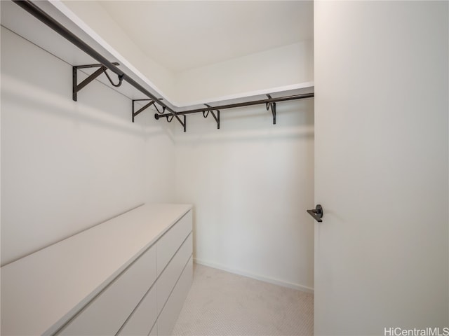 walk in closet featuring light colored carpet