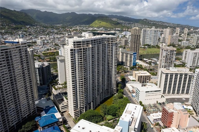 bird's eye view with a mountain view