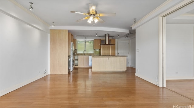 unfurnished living room with light hardwood / wood-style flooring, ceiling fan, sink, and crown molding