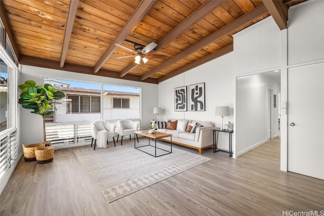 living room featuring wooden ceiling, light hardwood / wood-style floors, and beamed ceiling