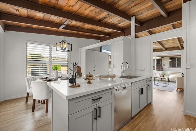 kitchen featuring dishwasher, beamed ceiling, sink, and wooden ceiling