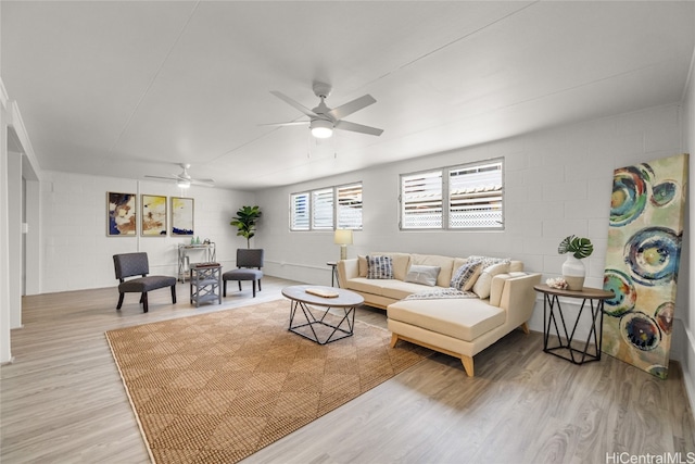 living room featuring ceiling fan and light hardwood / wood-style floors