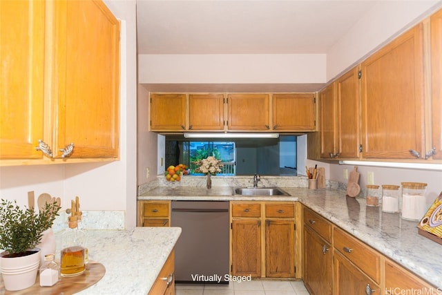 kitchen featuring sink, dishwasher, light tile patterned flooring, and light stone counters