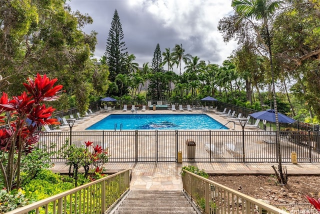 view of swimming pool with a patio area