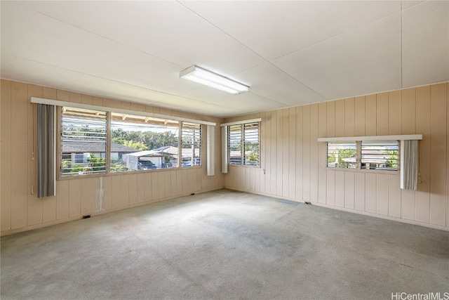 carpeted spare room featuring wood walls