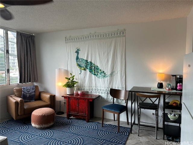 living area with a textured ceiling and carpet floors