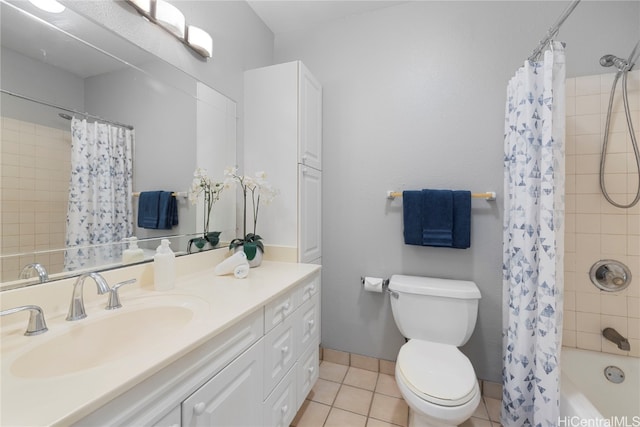 full bathroom with vanity, shower / bath combo, toilet, and tile patterned flooring