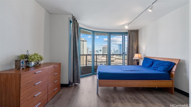 bedroom with dark wood-type flooring, access to outside, expansive windows, and track lighting