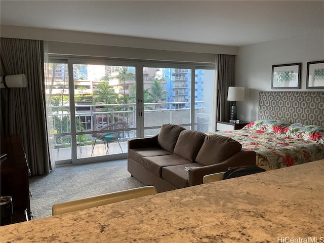 bedroom featuring carpet and access to outside