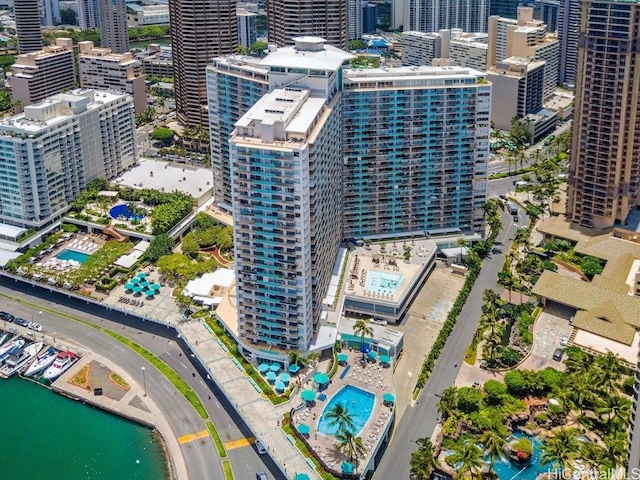 bird's eye view with a water view