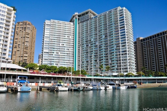 view of building exterior featuring a water view