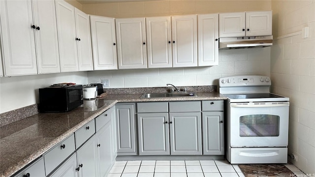 4280 Salt Lake Blvd Unit H11, Honolulu, HI 96818 - kitchen with white range with electric cooktop, under cabinet range hood, a sink, gray cabinetry, and black microwave
