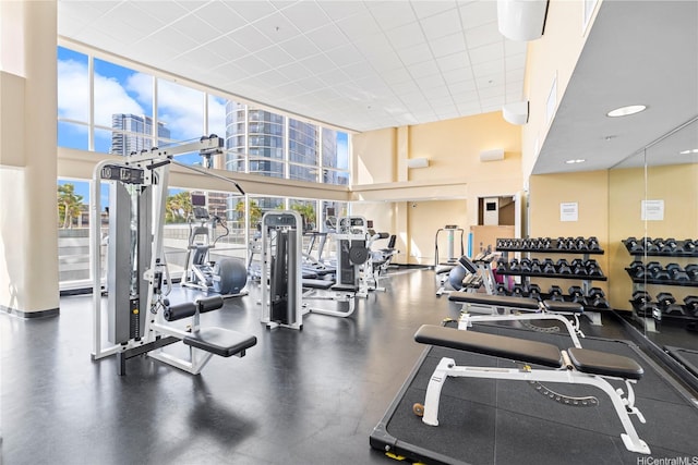 1288 Kapiolani Blvd Unit I1804, Honolulu, HI 96814 - exercise room featuring a towering ceiling and a view of city