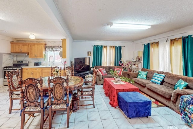 tiled living room with a textured ceiling