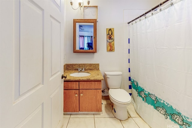 bathroom featuring vanity, curtained shower, toilet, and tile patterned flooring