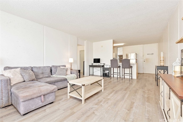 living room with a textured ceiling and light hardwood / wood-style flooring