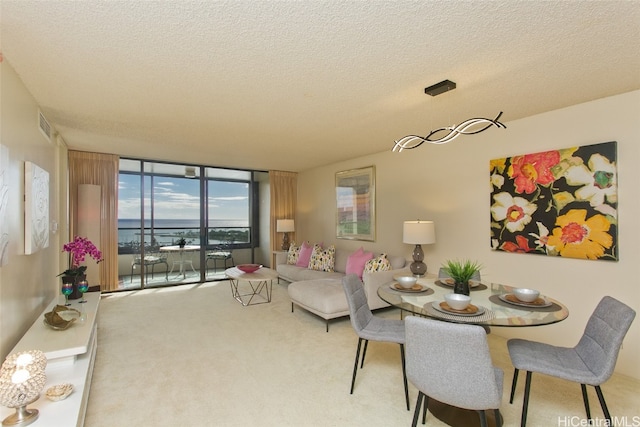 living room with a textured ceiling, carpet flooring, and floor to ceiling windows