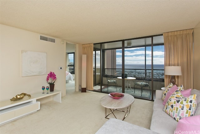 carpeted living room featuring a water view, a textured ceiling, and floor to ceiling windows