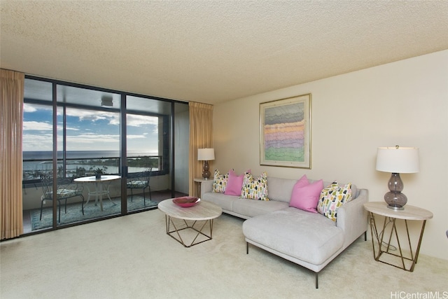 living room featuring a wall of windows, a textured ceiling, and a water view