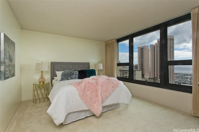 carpeted bedroom with a textured ceiling