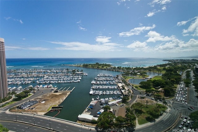 bird's eye view with a water view