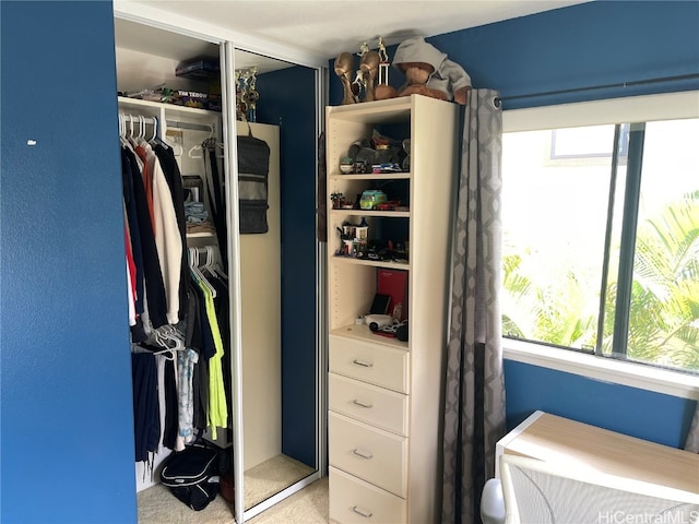 walk in closet with light colored carpet