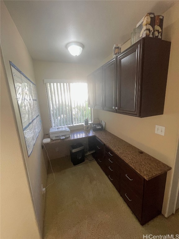 kitchen with light colored carpet and dark brown cabinets