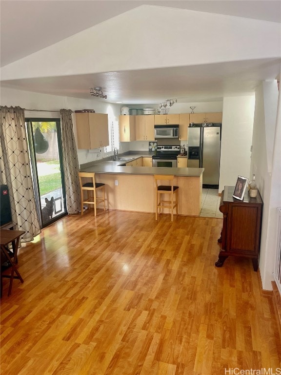 kitchen with light hardwood / wood-style floors, appliances with stainless steel finishes, lofted ceiling, and light brown cabinets