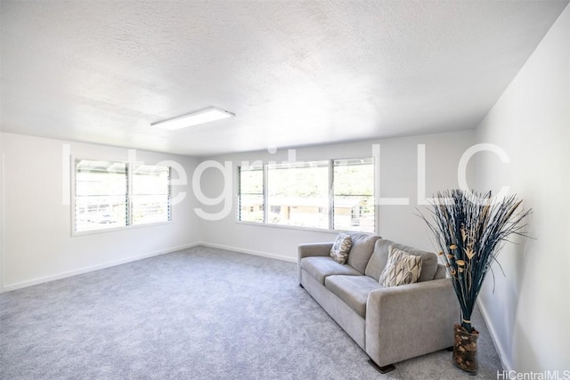 carpeted living room featuring a textured ceiling