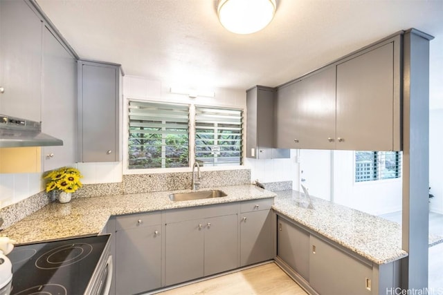 kitchen with light hardwood / wood-style floors, light stone countertops, sink, and gray cabinetry