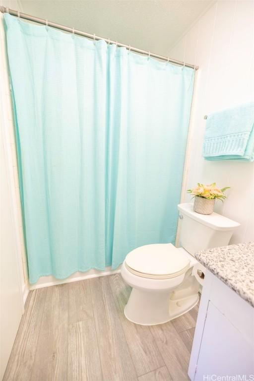 bathroom with vanity, wood-type flooring, and toilet