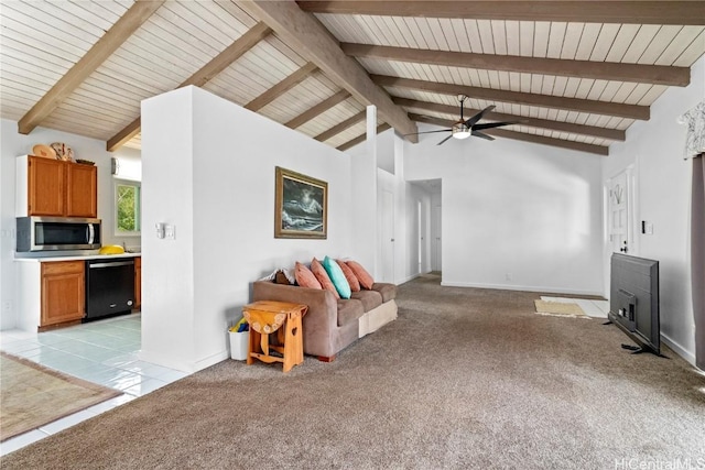 unfurnished living room featuring wood ceiling, light colored carpet, ceiling fan, high vaulted ceiling, and beamed ceiling