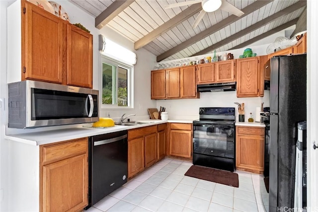 kitchen with ceiling fan, wooden ceiling, vaulted ceiling with beams, light tile patterned floors, and black appliances