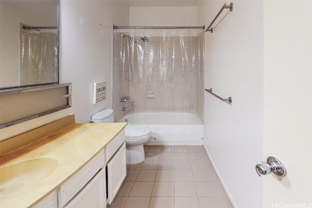 bathroom with shower / bathtub combination with curtain, toilet, vanity, tile patterned flooring, and baseboards