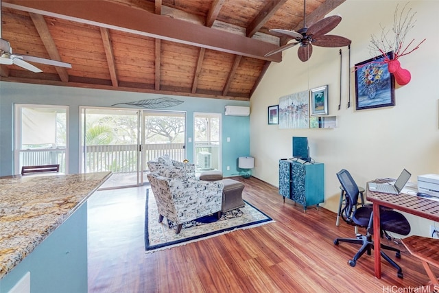 home office with ceiling fan, vaulted ceiling with beams, wooden ceiling, and light hardwood / wood-style floors