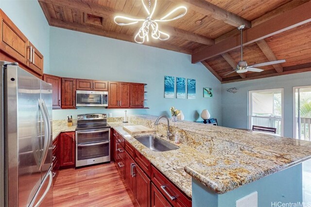 kitchen featuring light stone countertops, sink, stainless steel appliances, kitchen peninsula, and wood ceiling