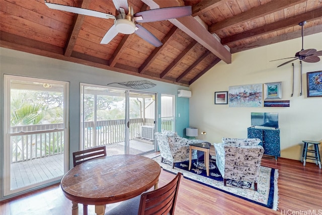 dining area featuring vaulted ceiling with beams, wood ceiling, wood-type flooring, and ceiling fan