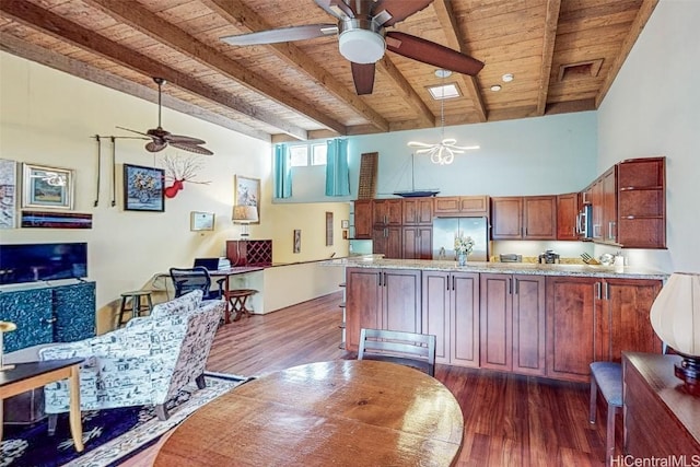 kitchen with ceiling fan, appliances with stainless steel finishes, dark hardwood / wood-style floors, wooden ceiling, and kitchen peninsula