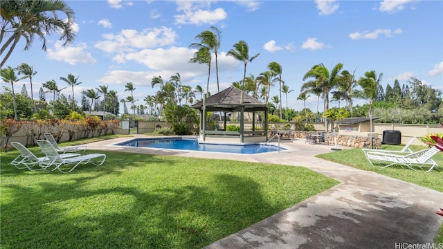 view of swimming pool featuring a gazebo, a lawn, and a patio area