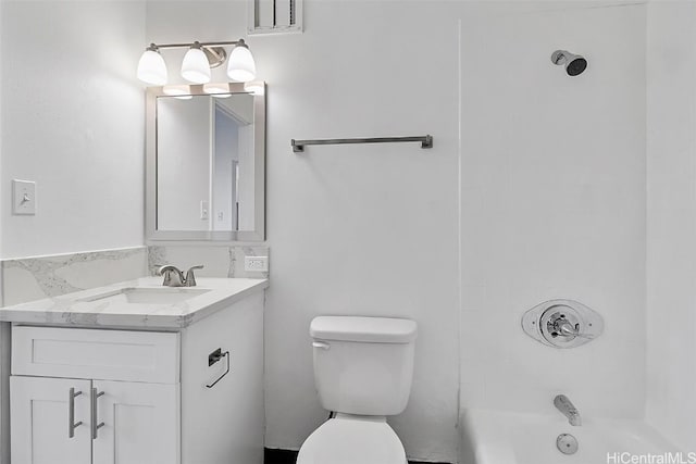 full bathroom with toilet, bathing tub / shower combination, visible vents, and vanity