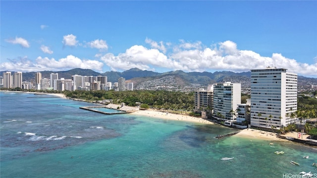 water view featuring a mountain view and a view of the beach