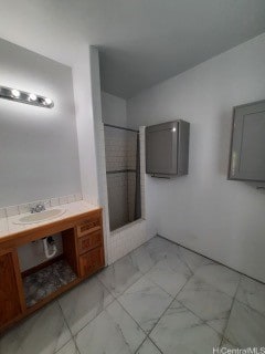 bathroom featuring vanity, electric panel, and a shower with shower curtain