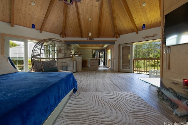 unfurnished bedroom with wooden ceiling, hardwood / wood-style flooring, beamed ceiling, and high vaulted ceiling